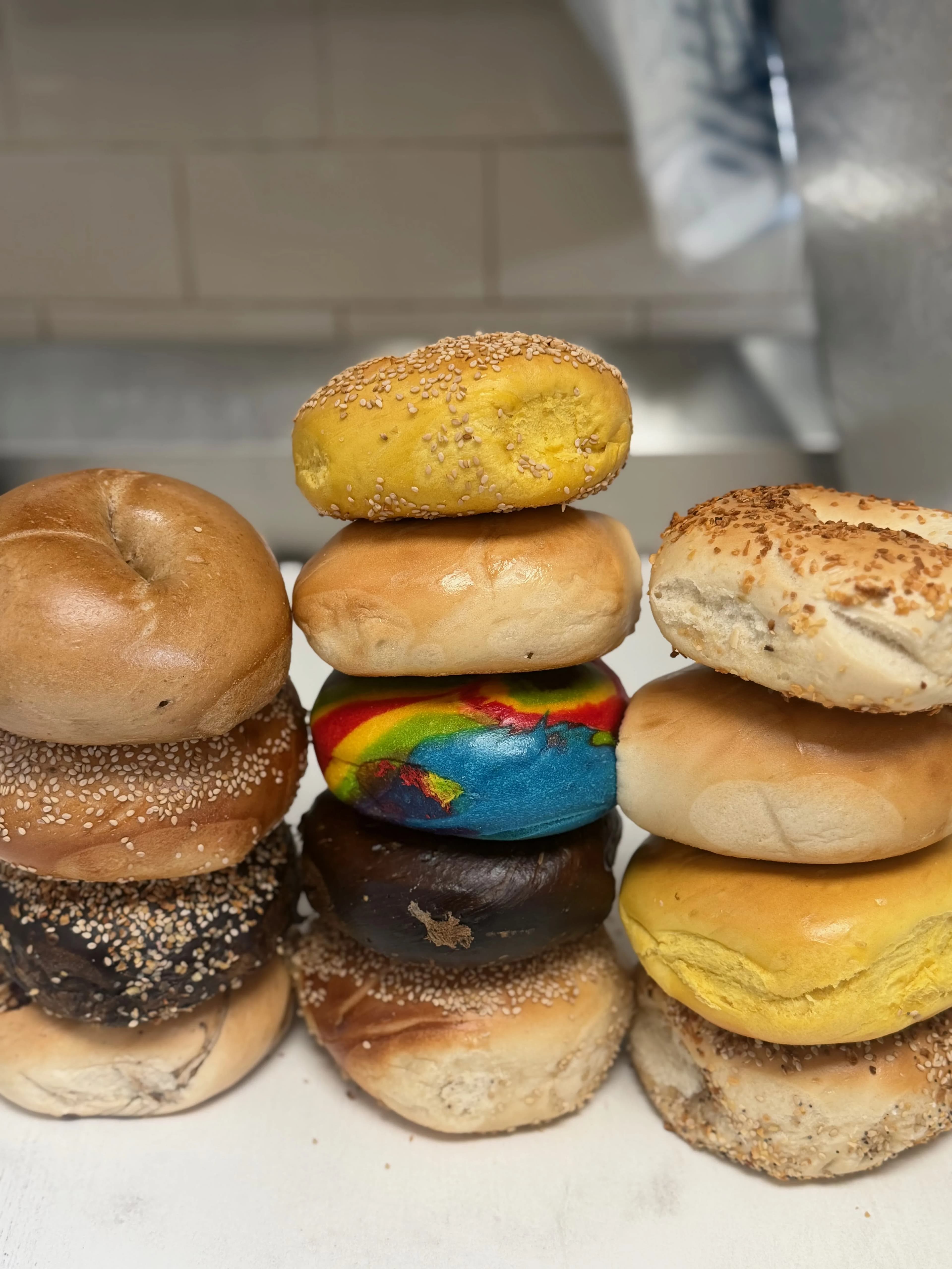 Hand-rolled bagels stacked