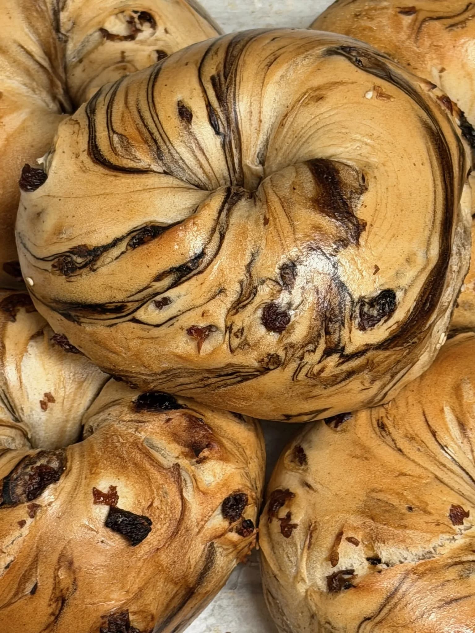 Cinnamon raisin marble bagels — golden brown, swirled, and studded with plump raisins