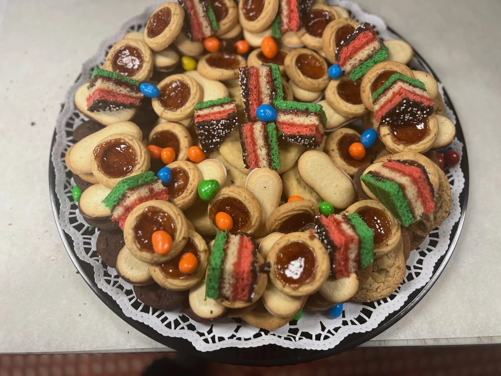 Cookie Platter from another angle — chocolate-dipped rainbow, butter, and chocolate chip