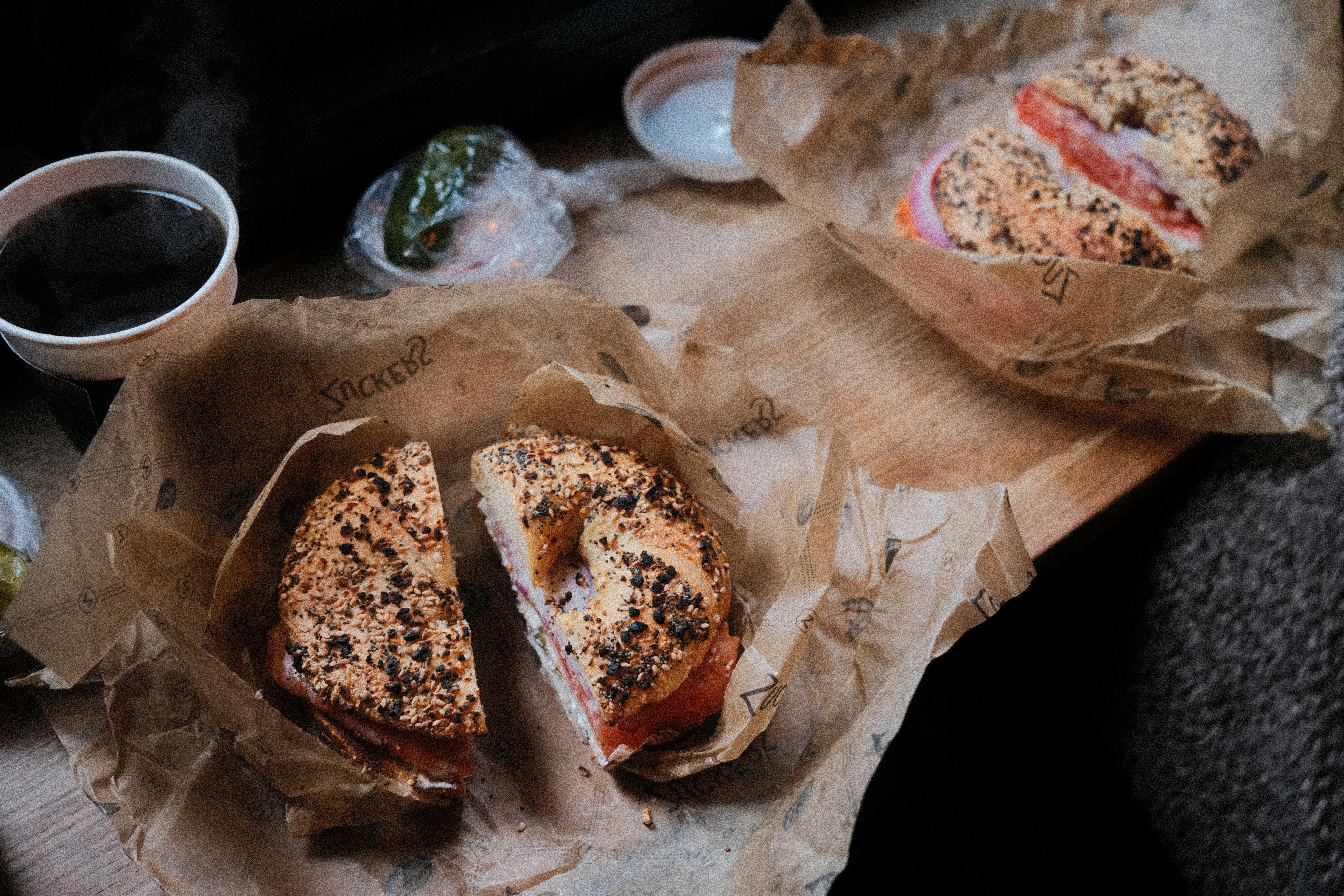 Bagel sandwiches with coffee